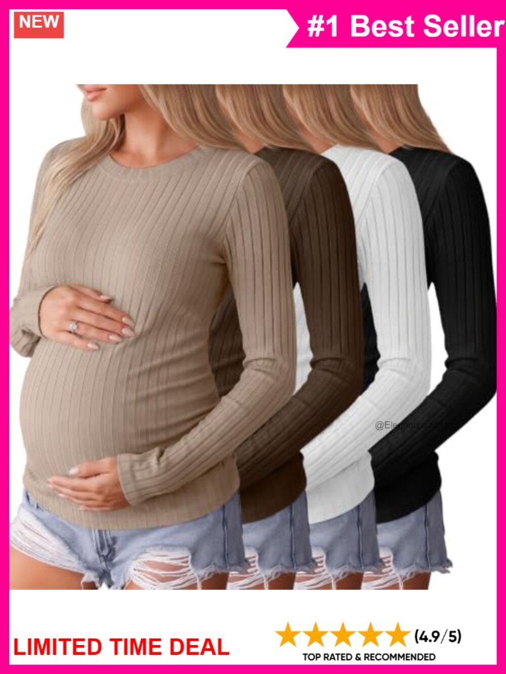 Locoowai 4 Pack Women's Maternity Long Sleeve Ribbed Tops T-Shirts